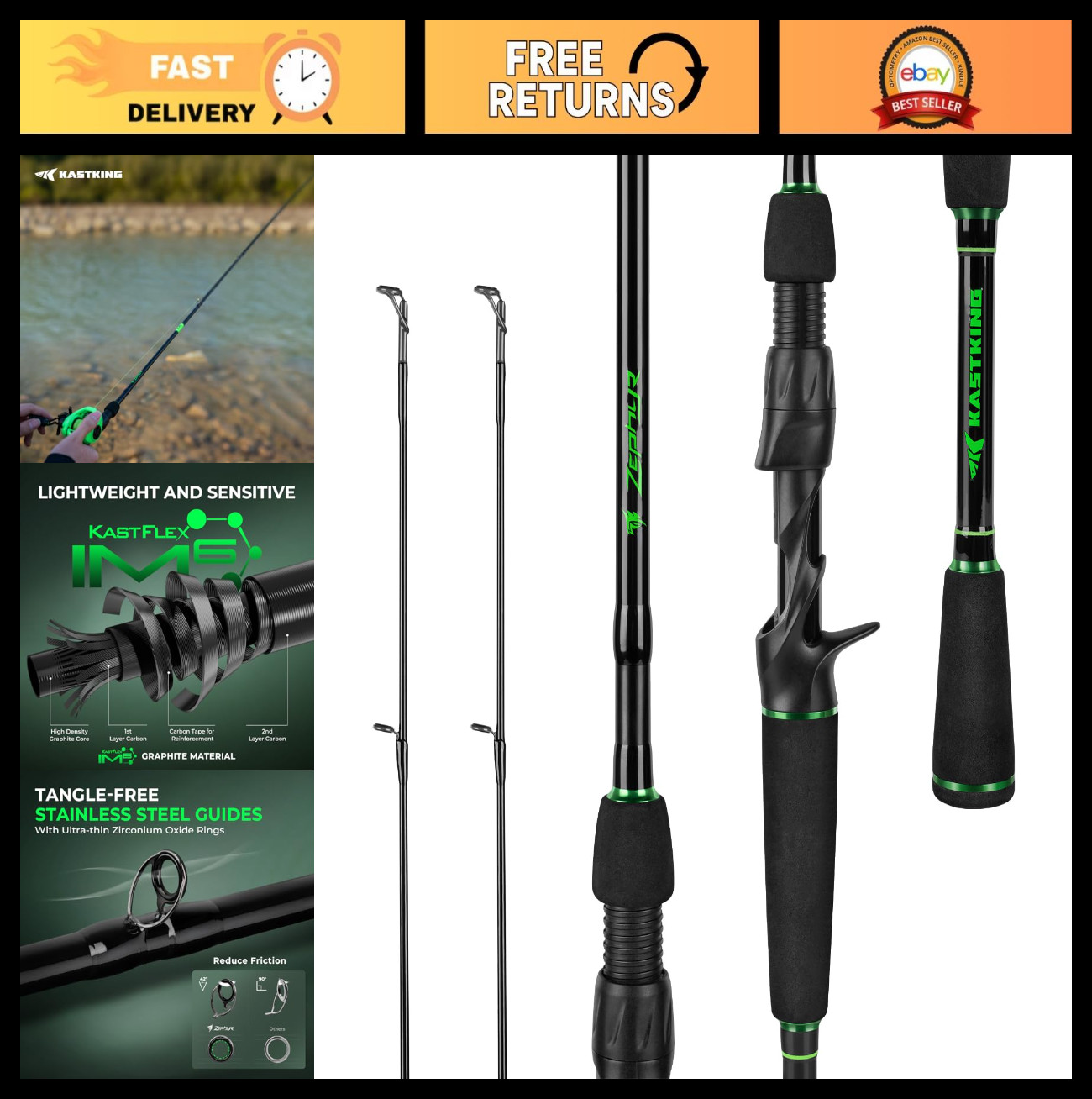Lightweight Dual Tip Fishing Rod – IM6 Graphite Spinning & Casting, EVA Grip, Zi