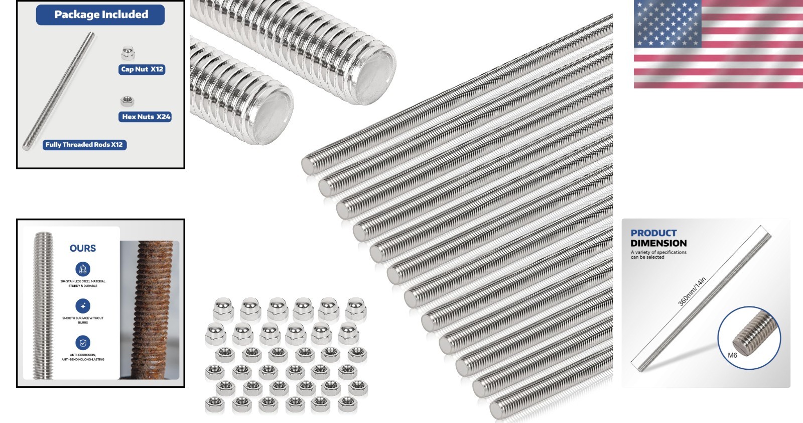 304 Stainless Steel M6 Threaded Rod Collection