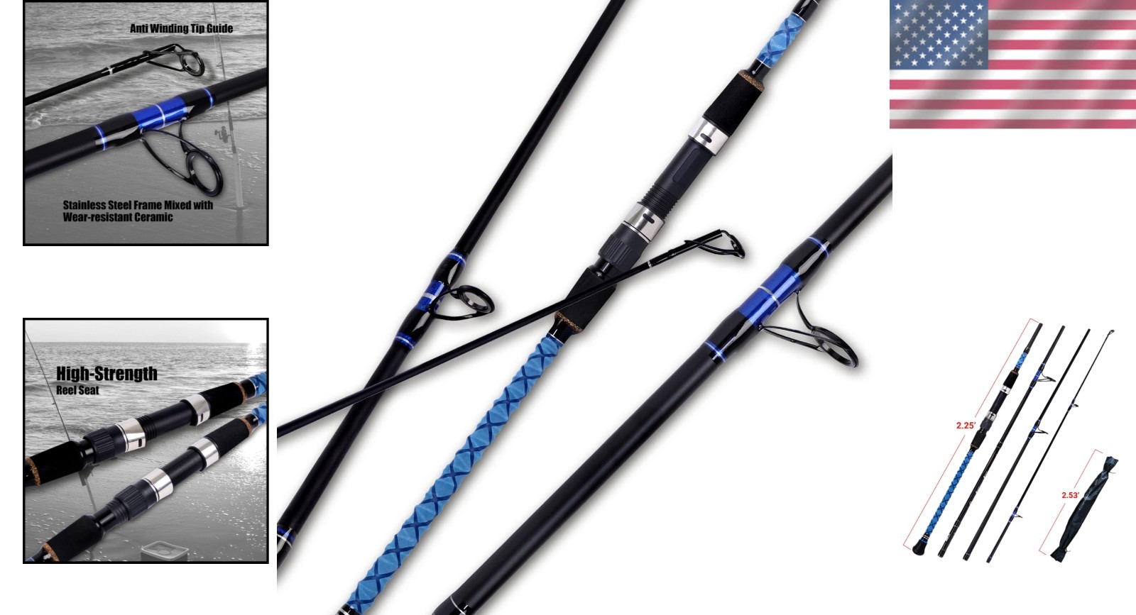 High-Performance 3-Piece Carbon Surf Spinning Rod – Fast Action, 9′-15′