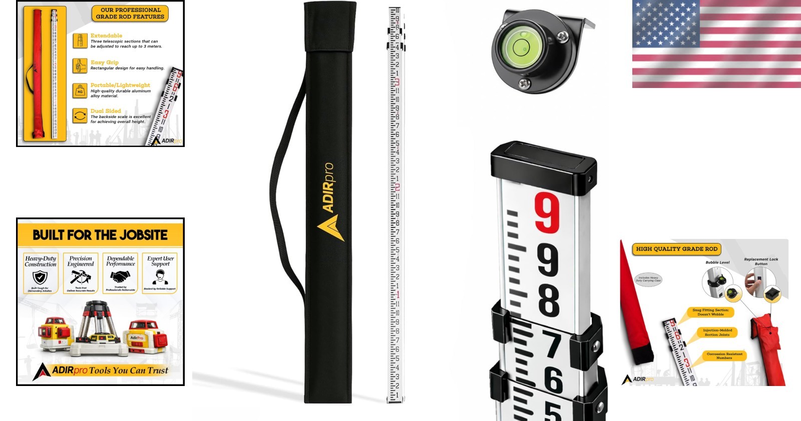 Dual-Sided 9ft Leveling Rod with 8th Foot Graduations & Carrying Case Included
