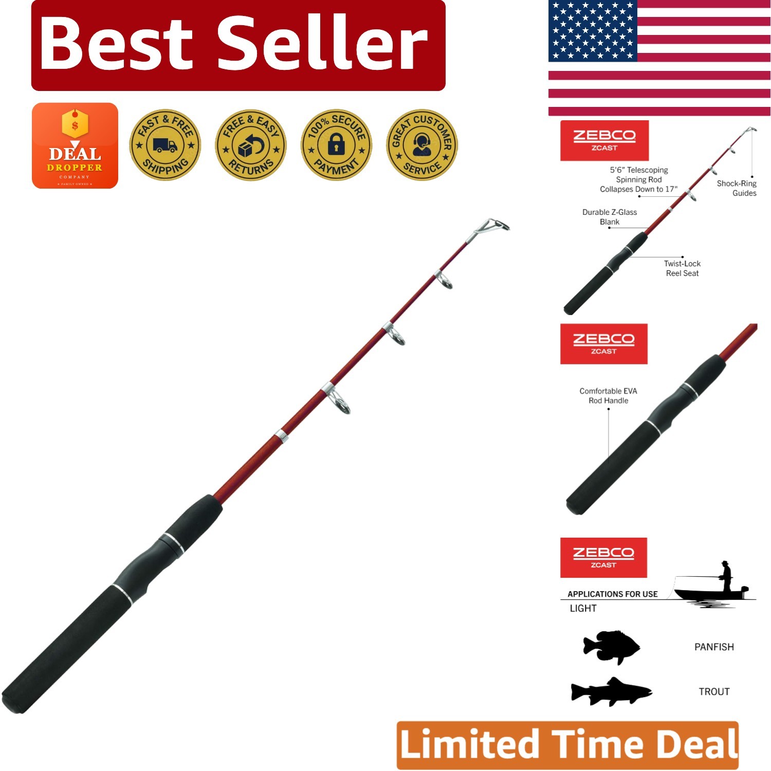 66in Z-Cast Medium Power Fishing Rod – Spincast with Shock-Ring Guides