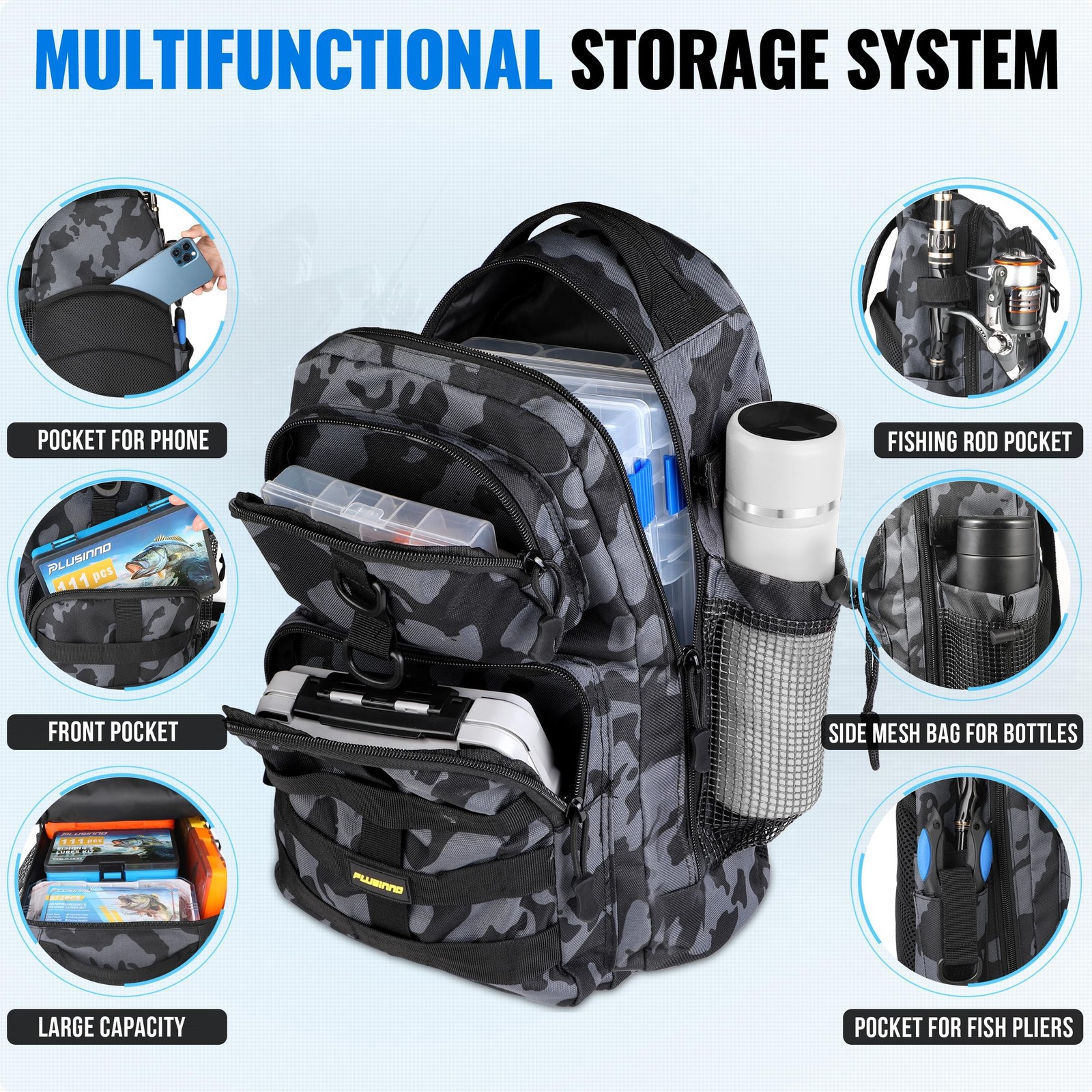 PLUSINNO Fishing Rod Reel Combo Kit w/ Backpack Net Tackle Full Gear Set