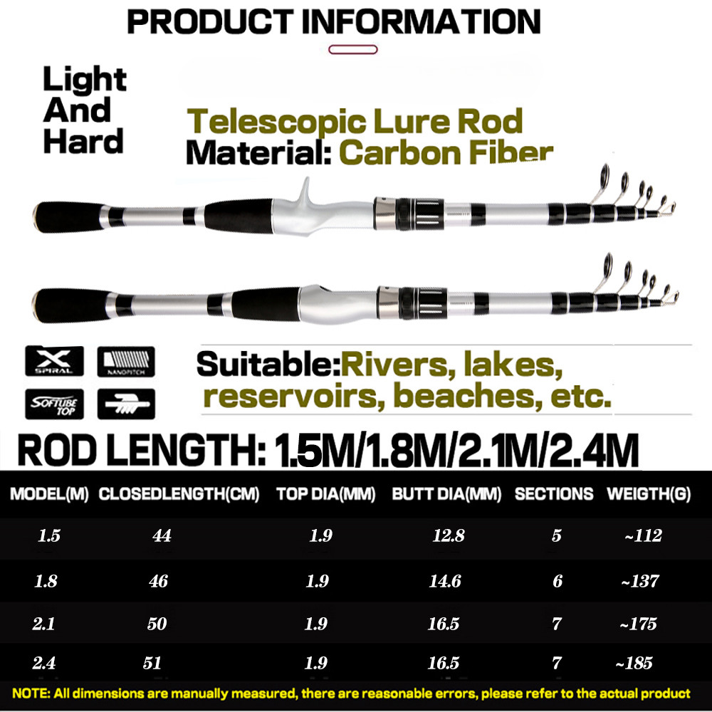 Hard Telescopic Fishing Rod Long Casting Pole Carbon Fiber 1.5m-2.4m Fast Pole