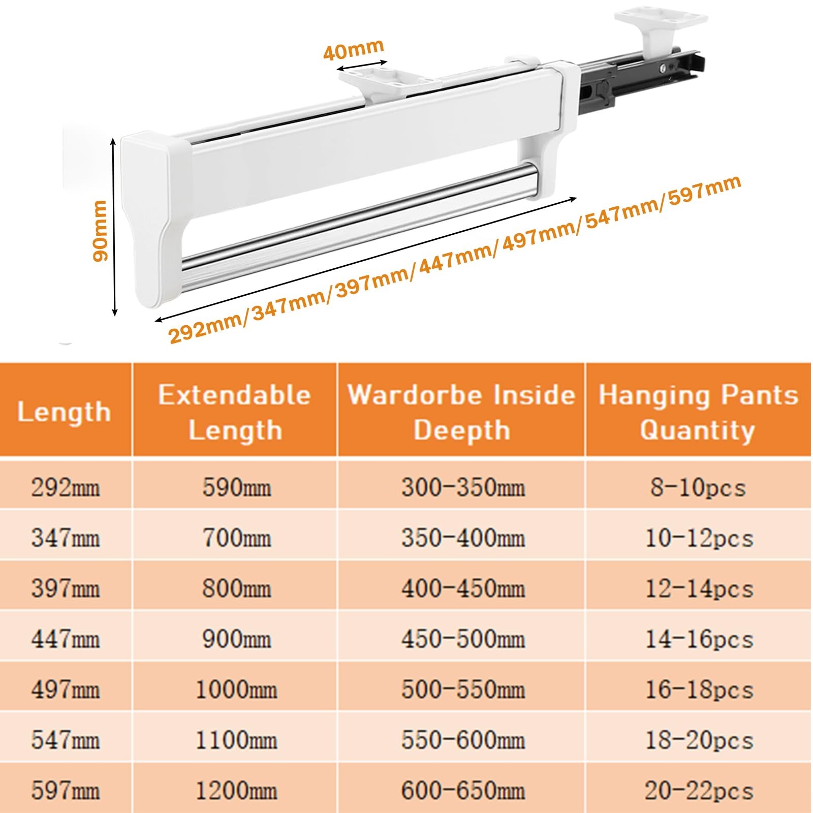 MAFAGE Adjustable Closet Valet Rod Heavy Duty Steel Sliding Clothes Rail 447mm