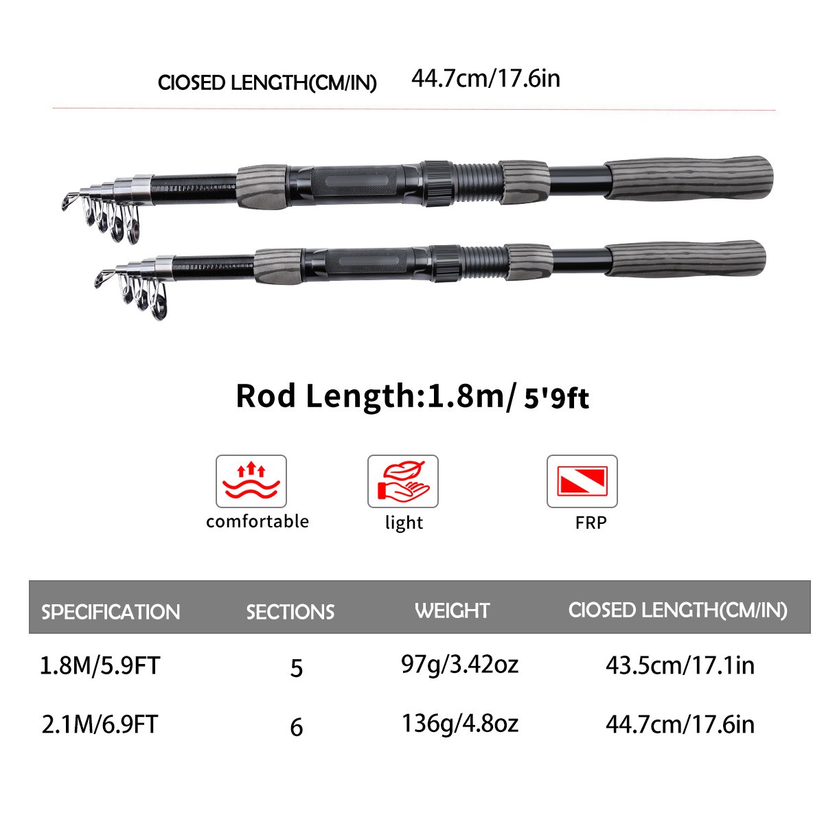 Telescopic Sea Fishing Rod Fiberglass Portable Lightweight 1.8m/2.1m Short Pole