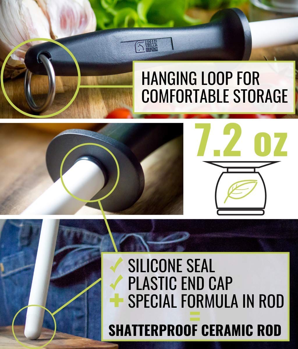 Ceramic Honing Rod for Kitchen Knives, 11-Inch Fine 1500 Grit Shatterproof