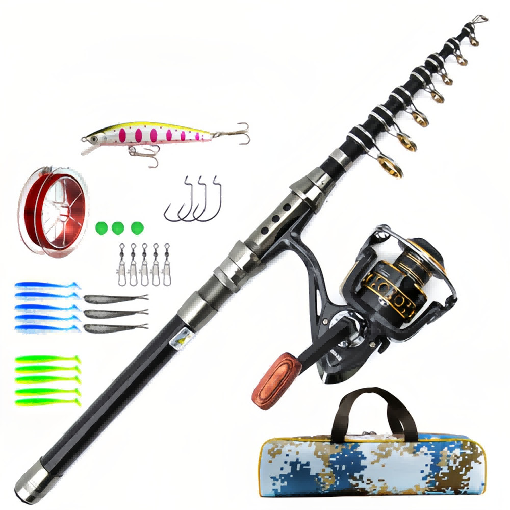 Carbon Fiber Telescopic Fishing Rod and Reel Combo with Spinning Reel Pole Kit
