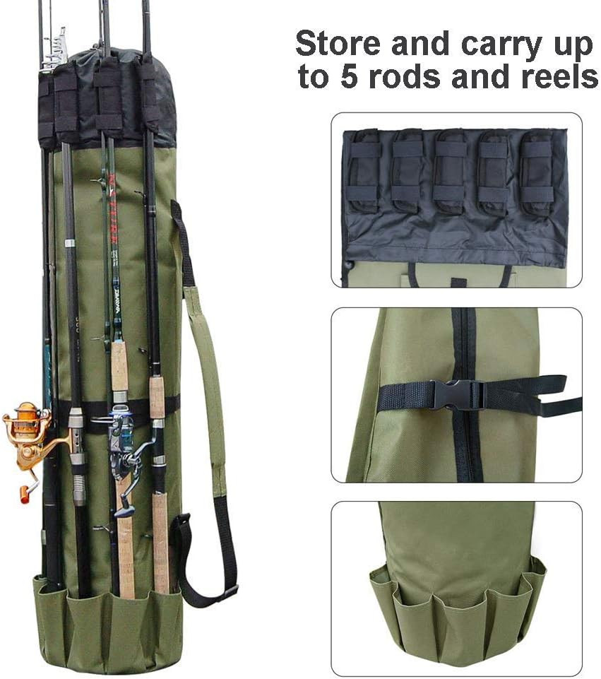 Durable Canvas Fishing Rod & Reel Organizer Bag Travel Carry Case Bag- Holds 5 P
