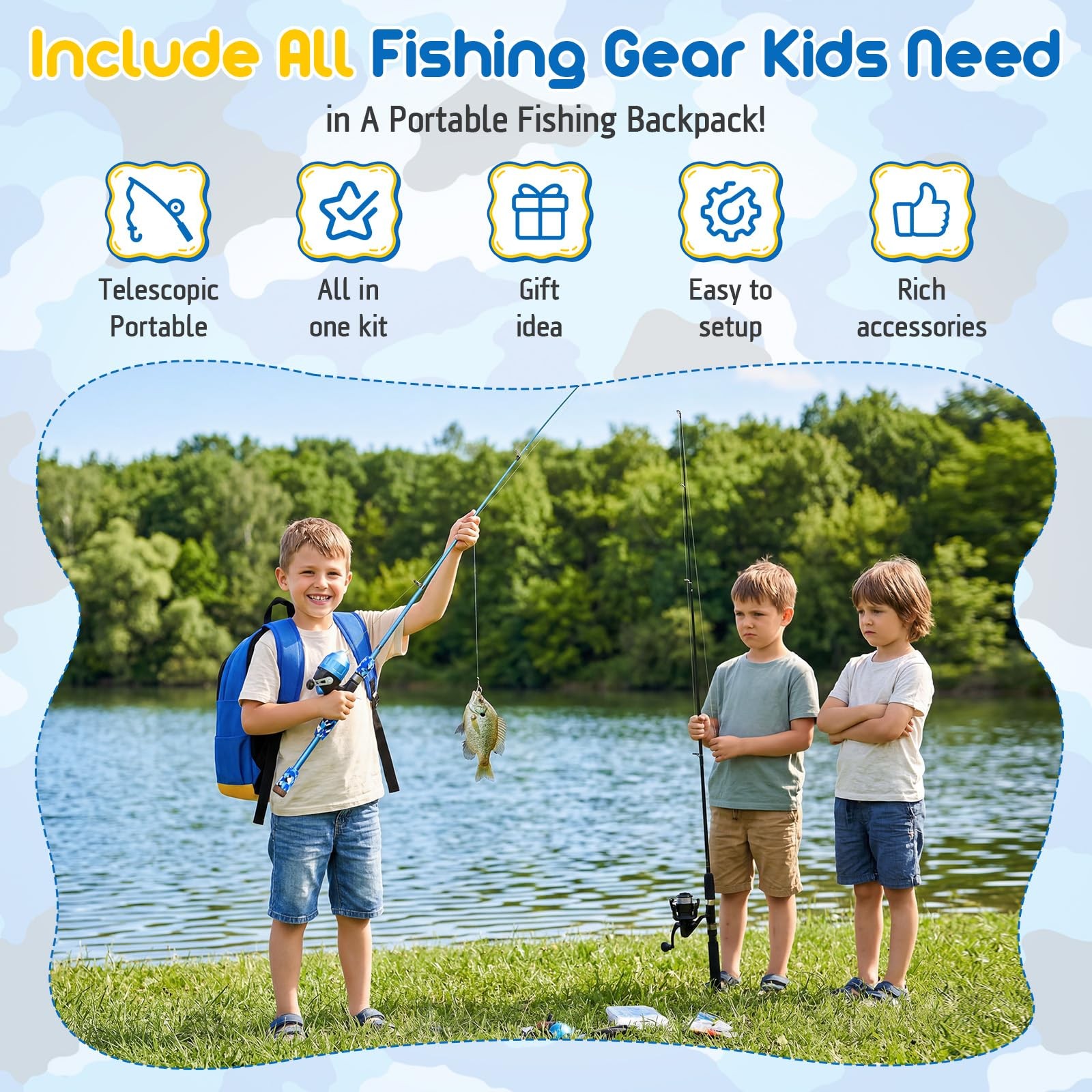 PLUSINNO Kids Fishing Pole, Telescopic Rod and Reel 3.93 ft, Blue