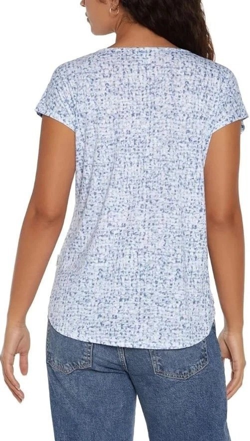Orvis Women’s XS Blue & White Printed Linen Blend Cap Sleeve Top n1118