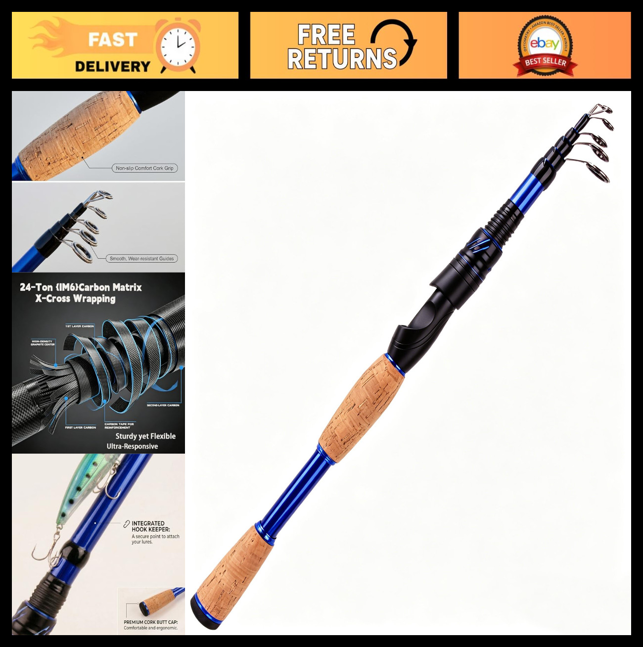 Telescopic Fishing Rods – Portable Spinning Rod, 24T Carbon, Cork Handle, Travel