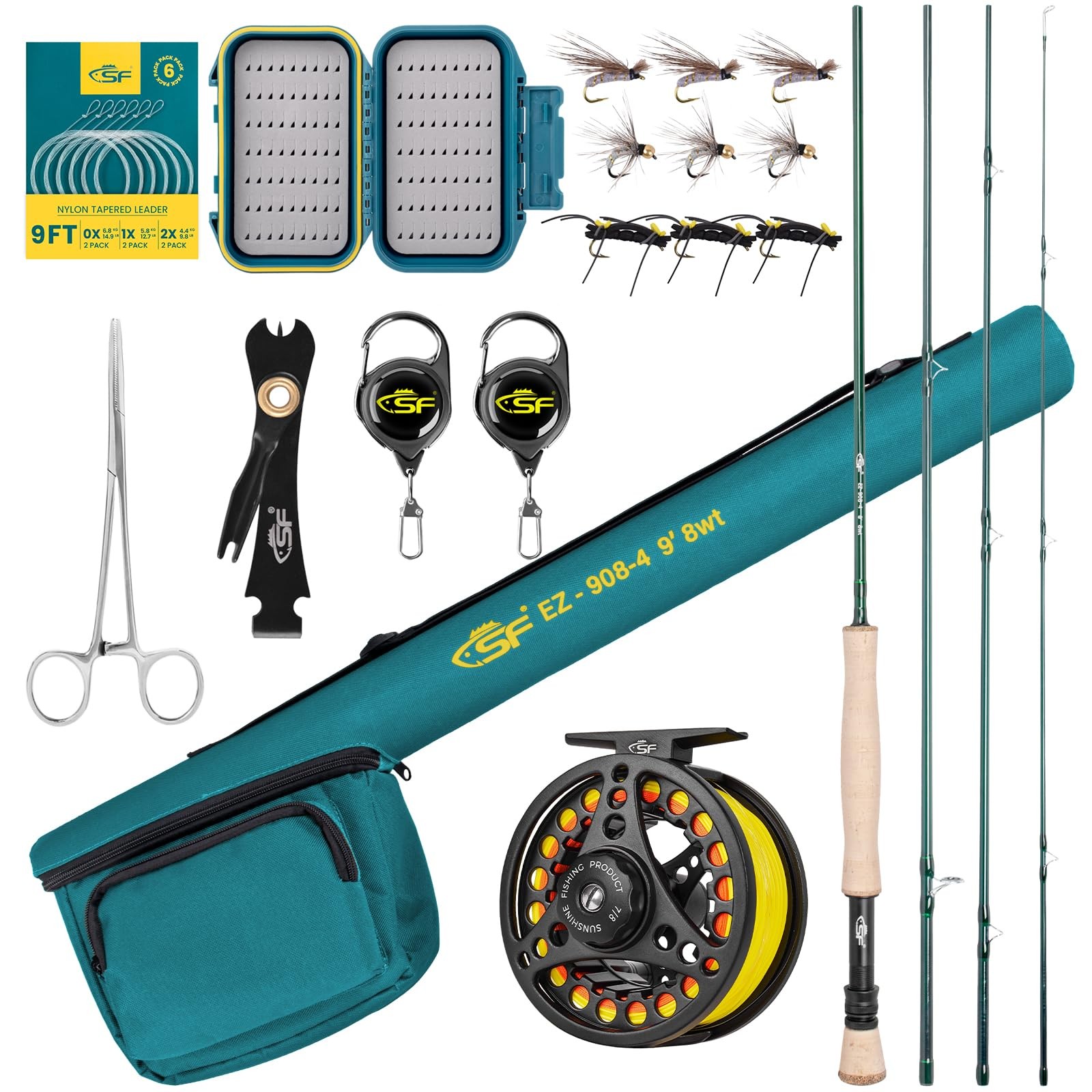 SF Fly Fishing Rod Combo Starter Kit 4 Piece 8WT 9FT Emerald Green 24T Carbon…