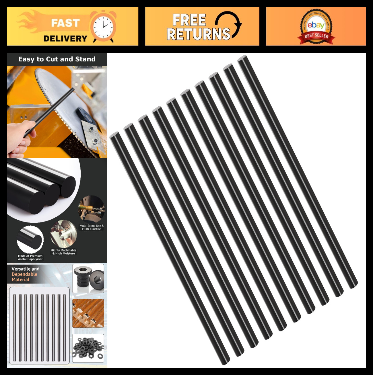 10 PCS Black Acetal Copolymer Rods 1/2″ Diameter x 12″ Length – Non-Marring Plas
