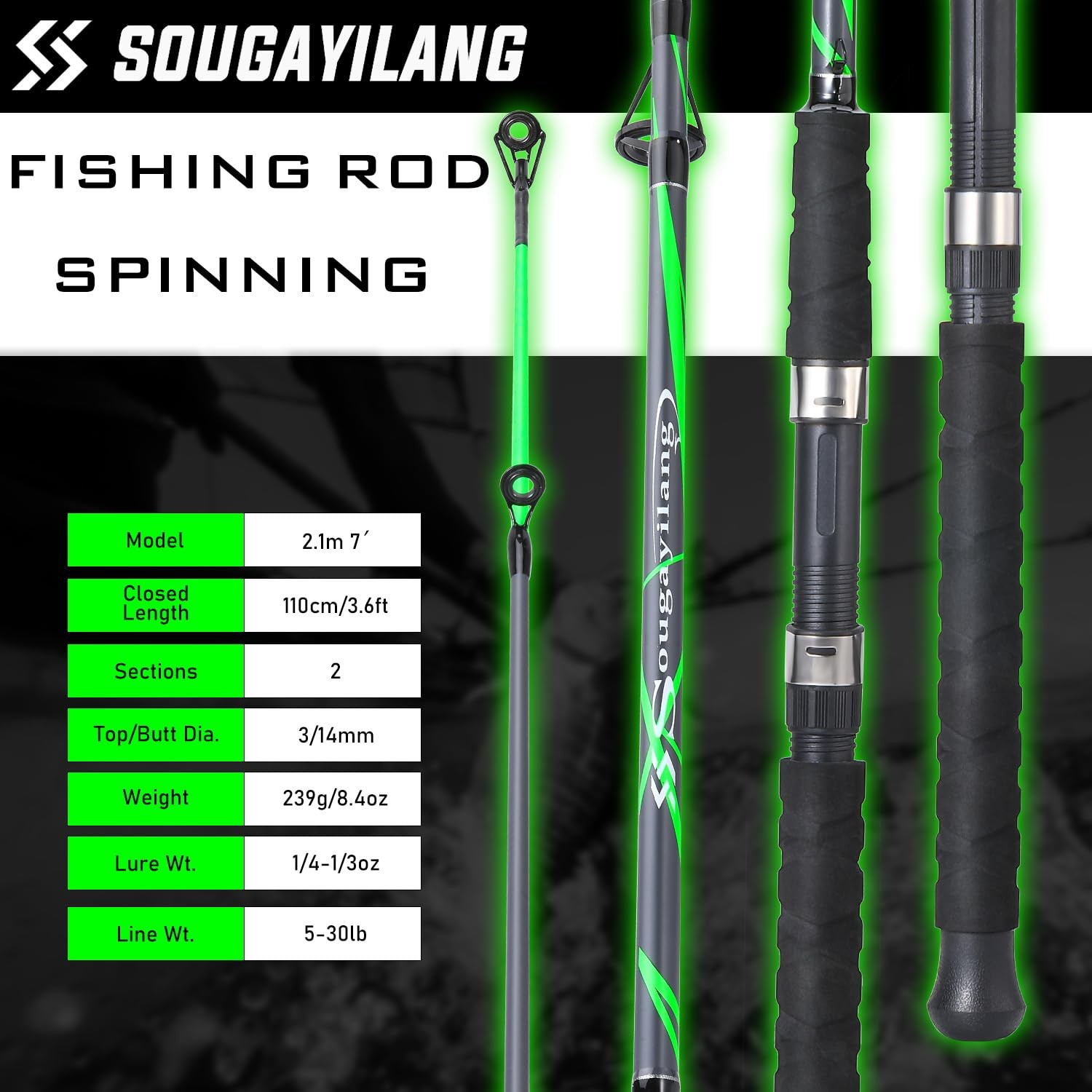 Sougayilang Spinning Rods 7ft Carbon Glass Composite Fishing Pole 2-Pack Green R