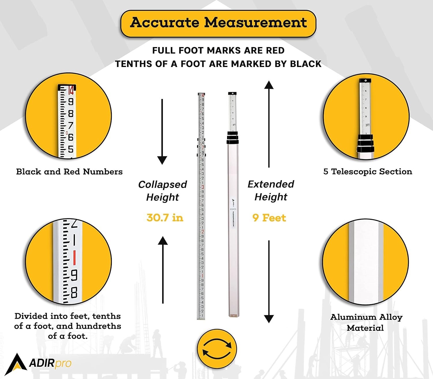 Extendable 14 ft Aluminum Grade Rod | Clear Dual Graduations & Soft Carrying Bag