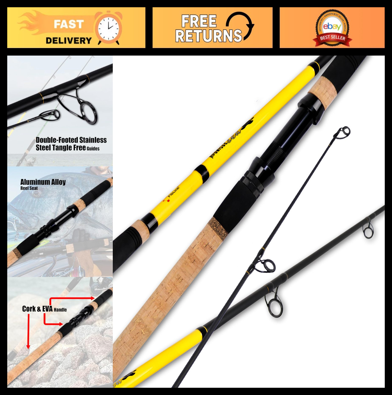 Carbon Fiber Travel Fishing Rod – 2/3/4-Piece, Cork Handles, 10-15 Feet, Spinnin