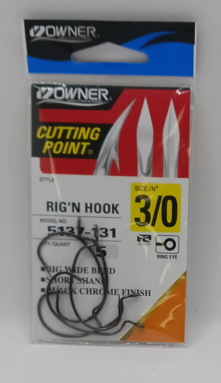 Owner 5137-131 Wide Bite Open Gap Hook Short Shank Cutting Point Blk Chr 3/0 6Ct