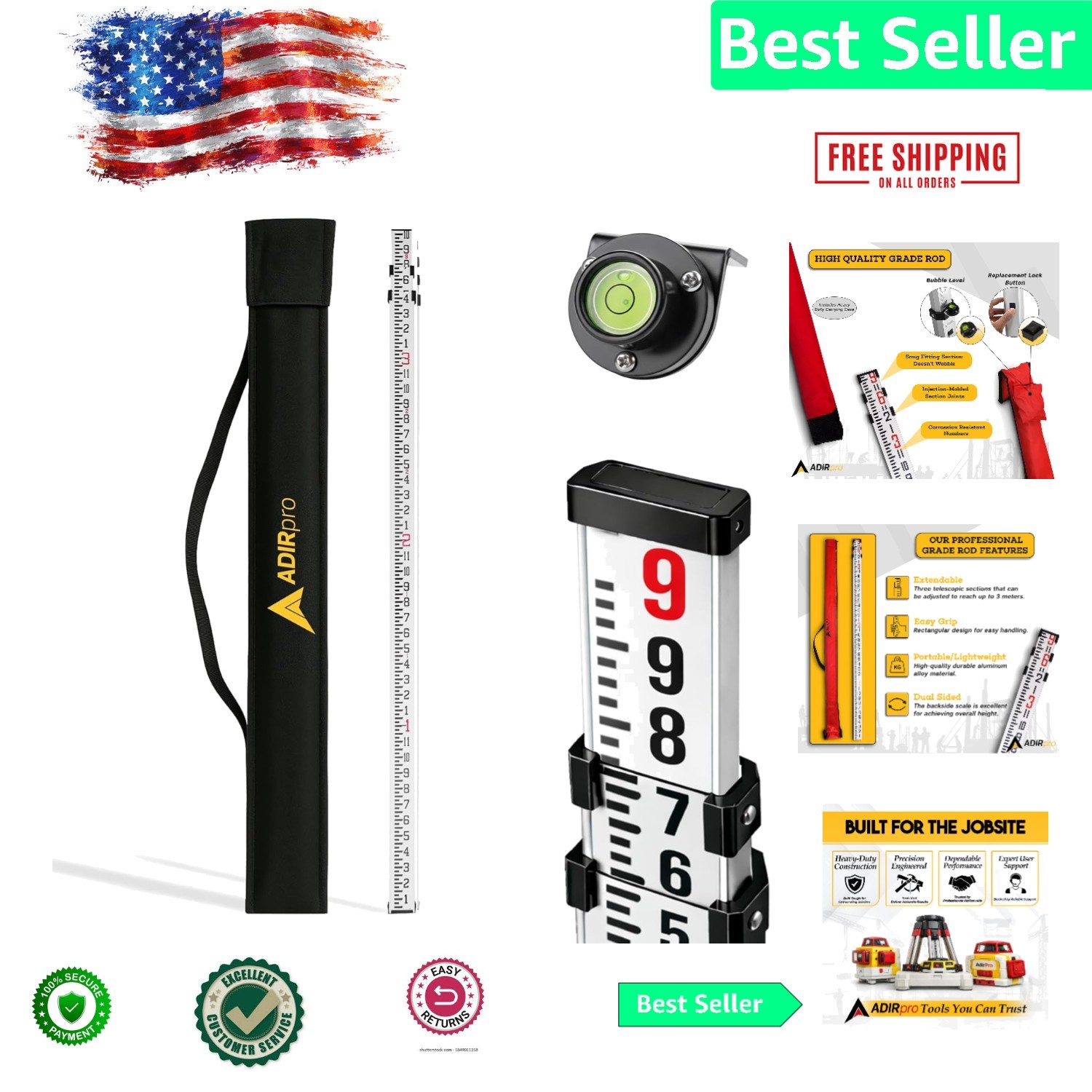 Lightweight 9 ft Aluminum Telescoping Leveling Stick with Adjustable Clamps