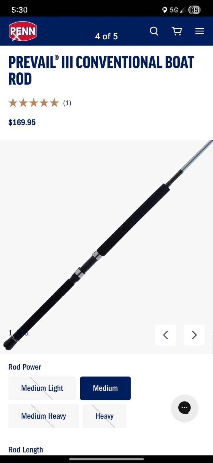 Penn Prevail III Conventional Boat Rod 7′ Medium Moderate 30-50lb 50-80lb