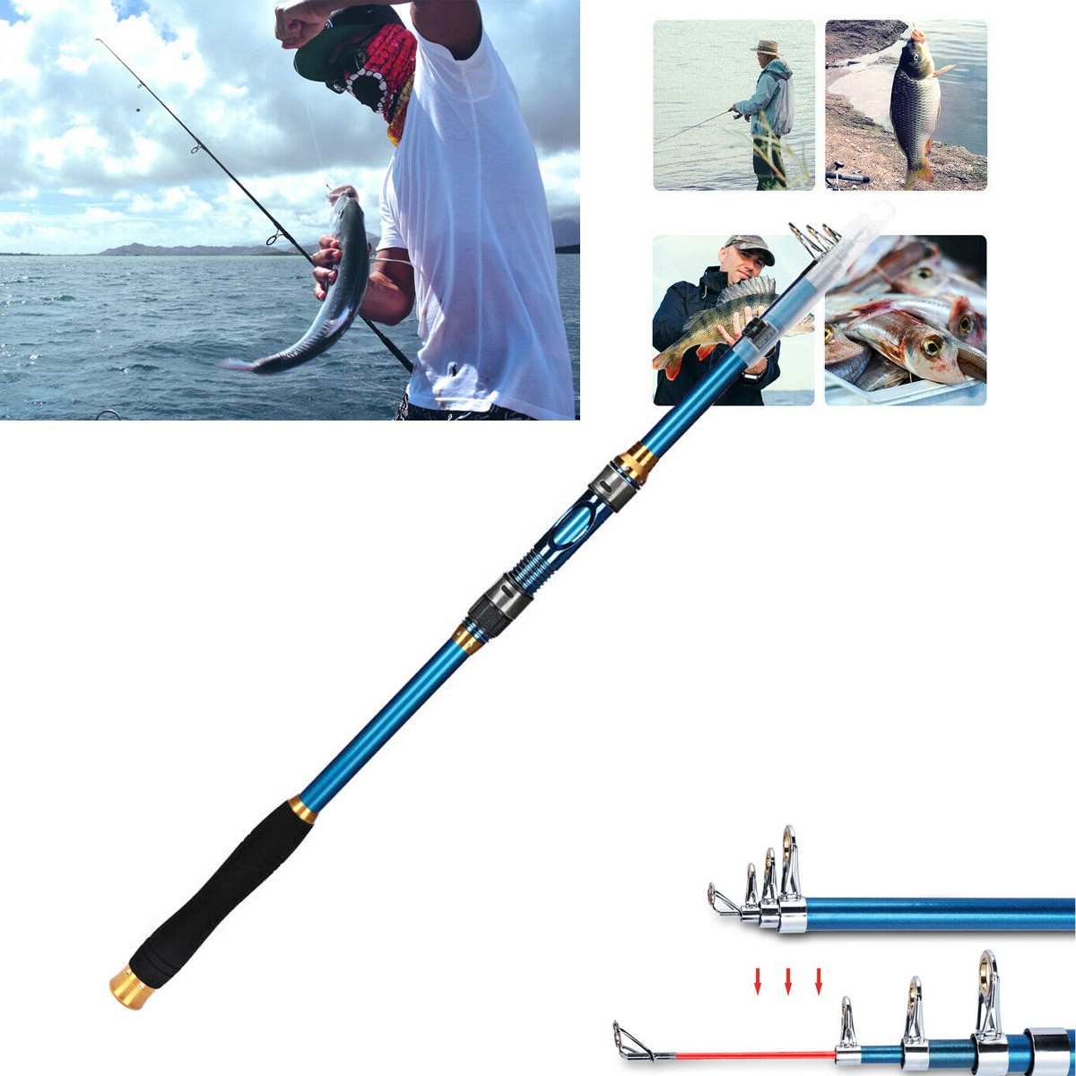 2.1m Carbon Fiber Telescopic Fishing Rod Pole Sea Saltwater Freshwater Blue