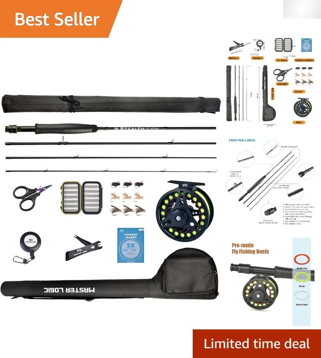 Stealth Fly Fishing Rod Combo Kit, 4-Pc Carbon Fiber Set with Reel & Accessories