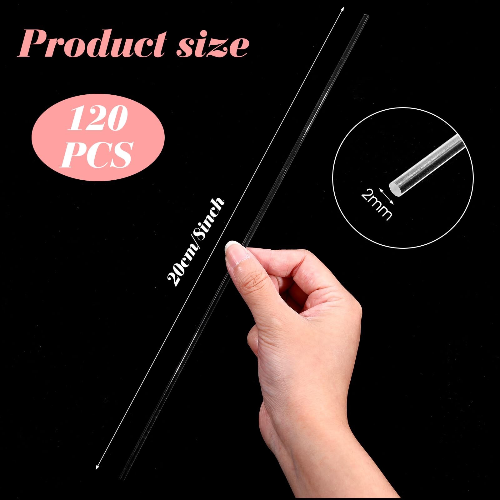 120 PCS 8 Inch Acrylic Dowel Rods Cake Topper Sticks 2mm Dia Round Plastic