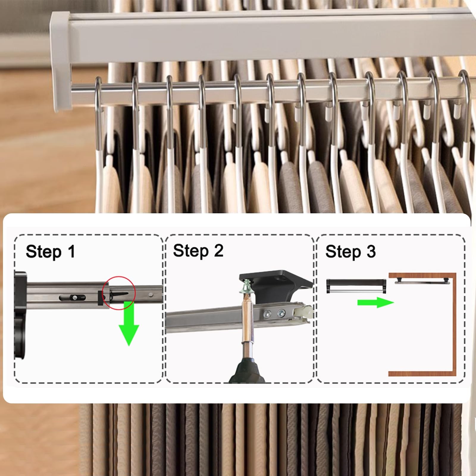 MAFAGE Pull Out Closet Valet Rod Adjustable Sliding Heavy Duty Steel Clothes Han