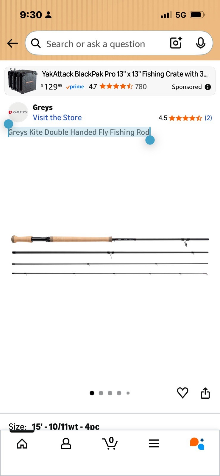 Greys Kite 4 Pc Double Handed Fly Fishing Rod 15’ 10/11wt. New With BD