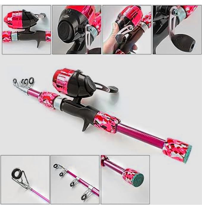 Kids Fishing Pole Spincast Youth Tackle Box – with Large, Pink