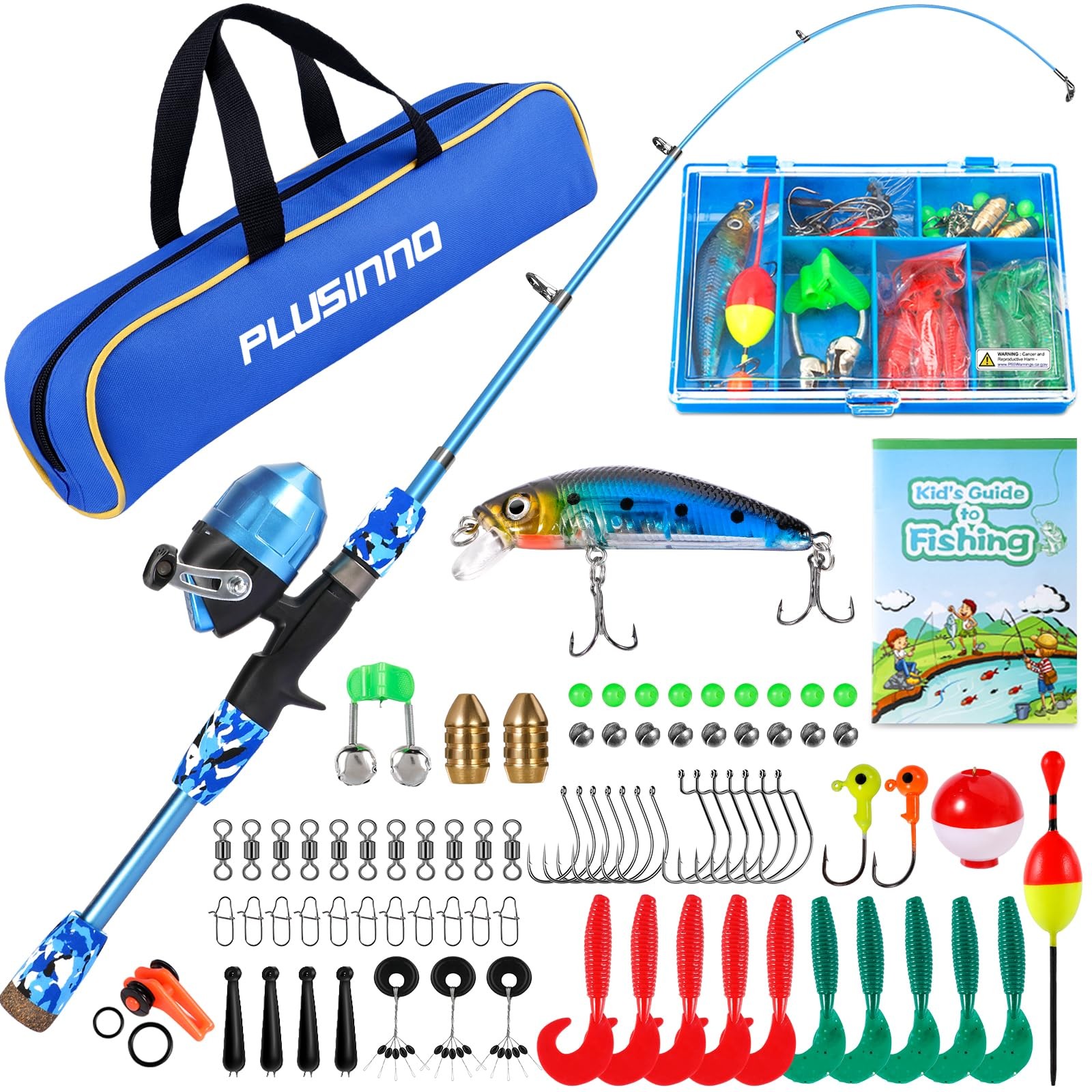 PLUSINNO Kids Fishing Pole with Spincast Reel Telescopic 5FT / 1.5M, Blue
