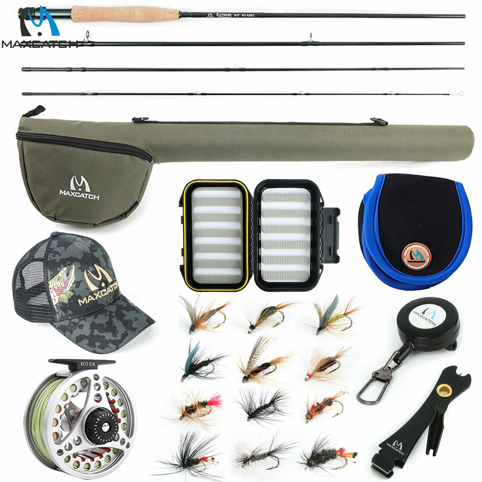 Maxcatch Extreme 3/4/5/6/7/8WT Fly Fishing Rod Combo, Fly Reel,Line,Flies Outfit