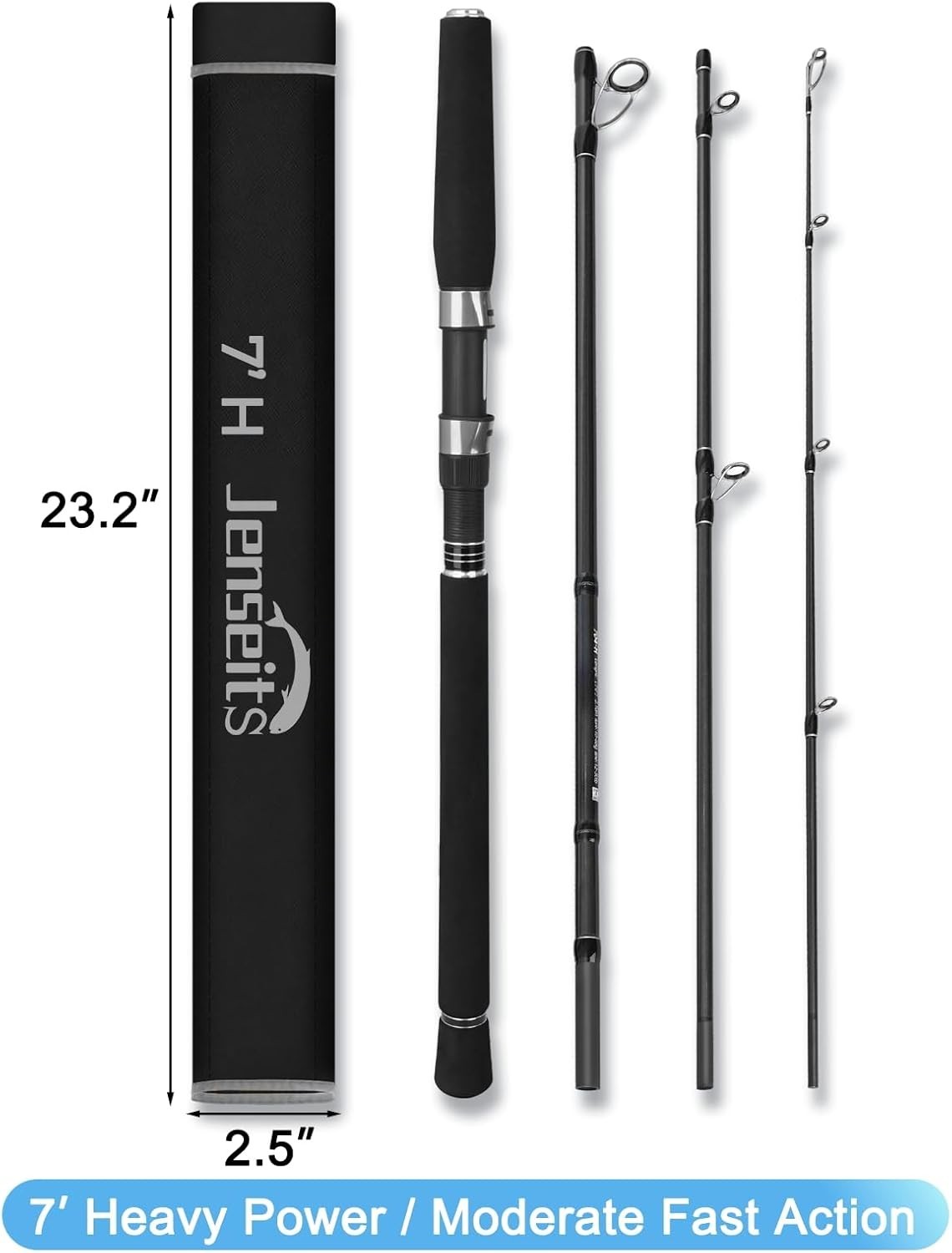 4-Piece Travel Spinning Fishing Rod, 4Piece-Spin-7’0″-H-MFast, black