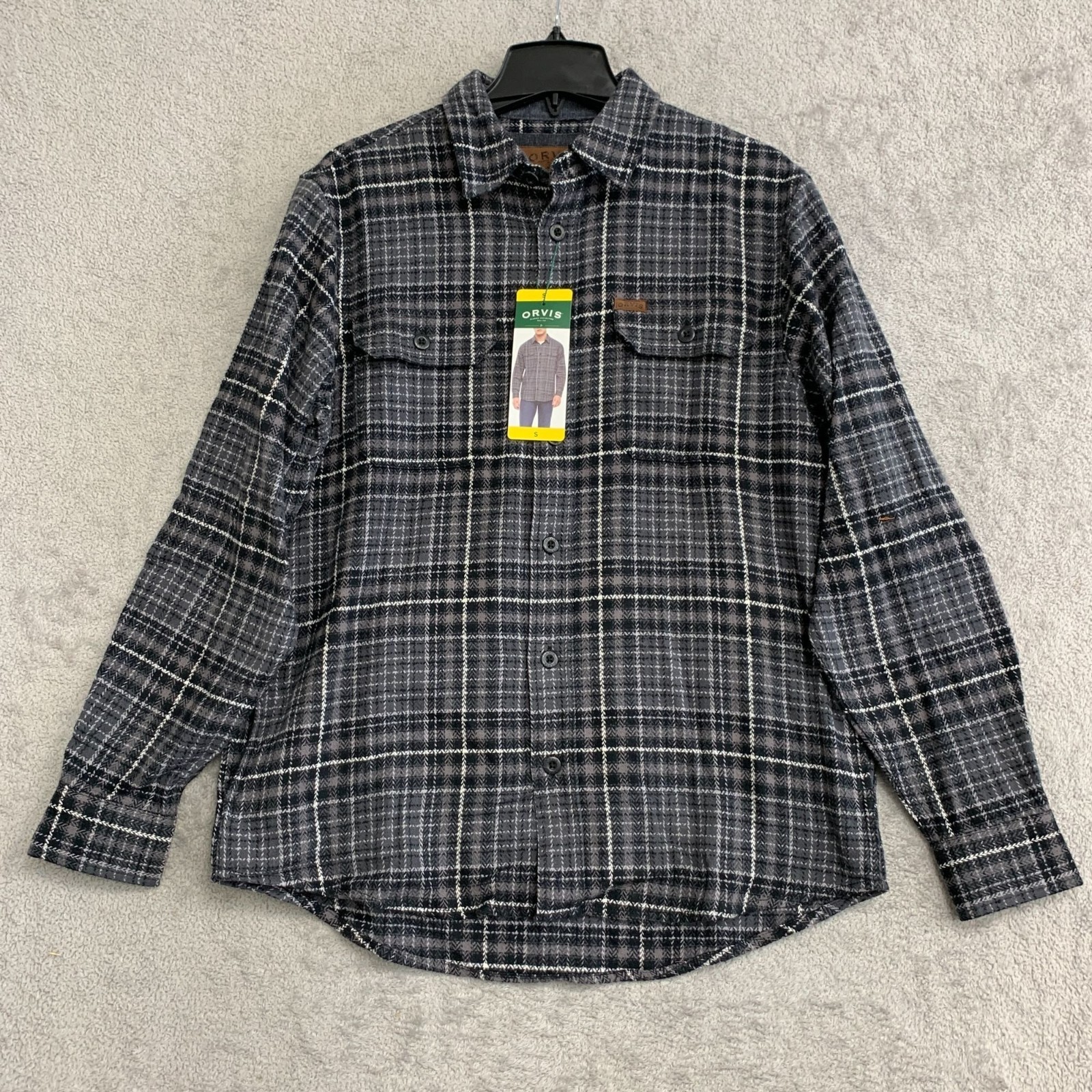 Orvis Men’s S Classic Plaid Flannel Button-Up Shirt Jacket Black & Gray M1115