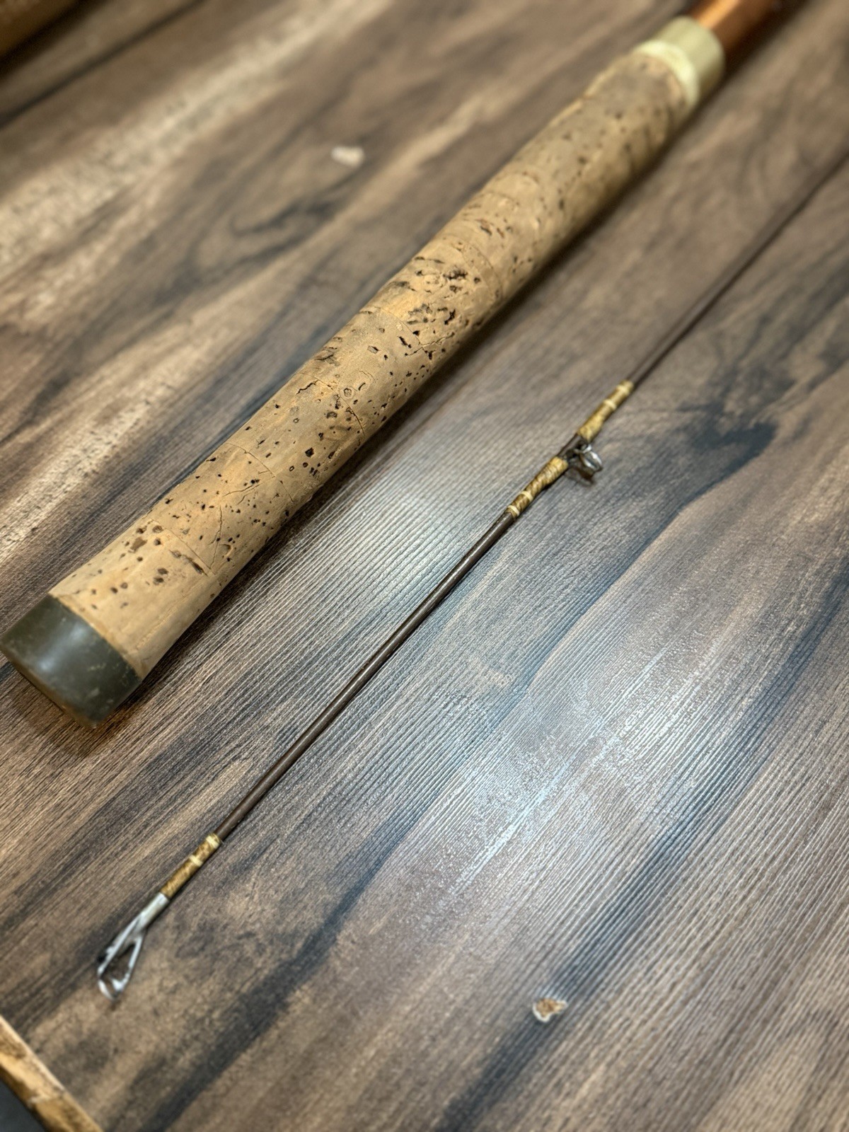 Vintage Abu Garcia 7’6” One Piece Fishing Rod Cork Handle Brown Fiberglass