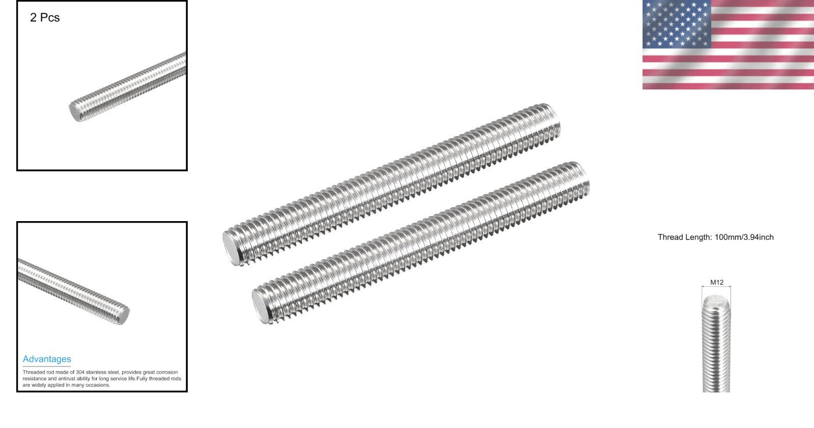 M12 x 100mm Fully Threaded Stainless Steel Rods – Strong & Corrosion Resistant