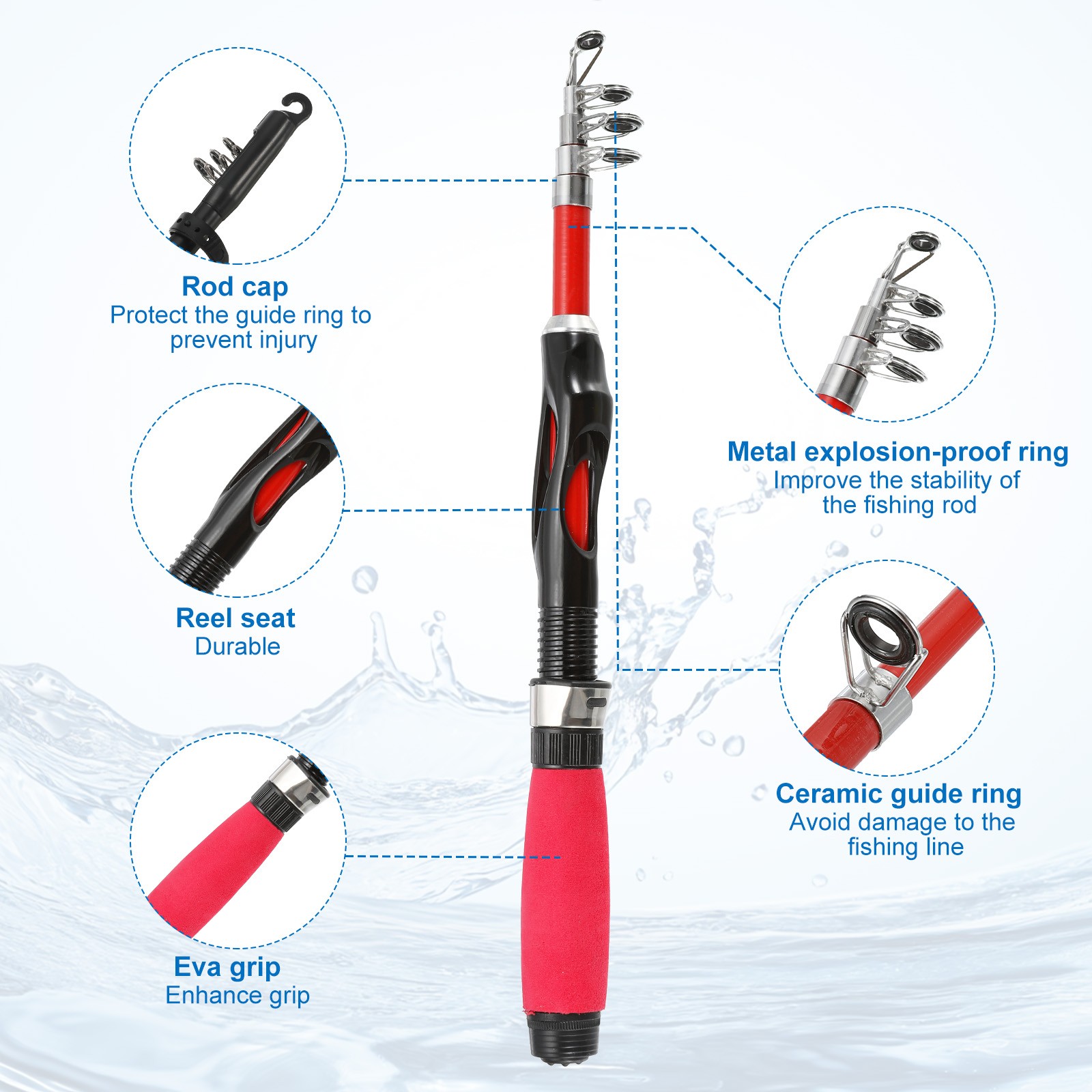 Telescopic Fishing Rod 44 Inch, Lightweight Collapsible, Black / Red