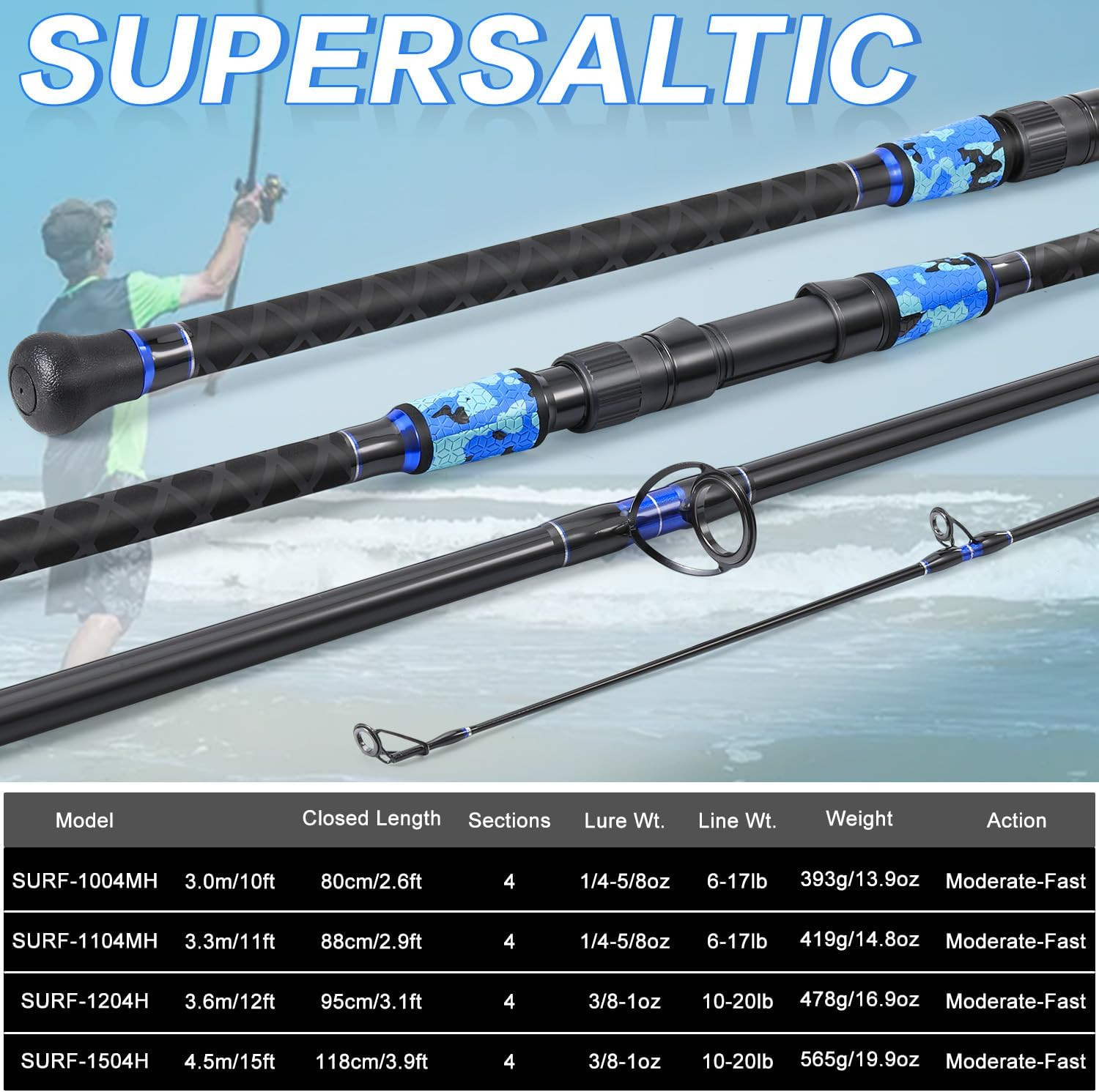 Sougayilang Surf Fishing Rod Portable Travel MH/H Surf Spinning Rod 4 Piece Carb