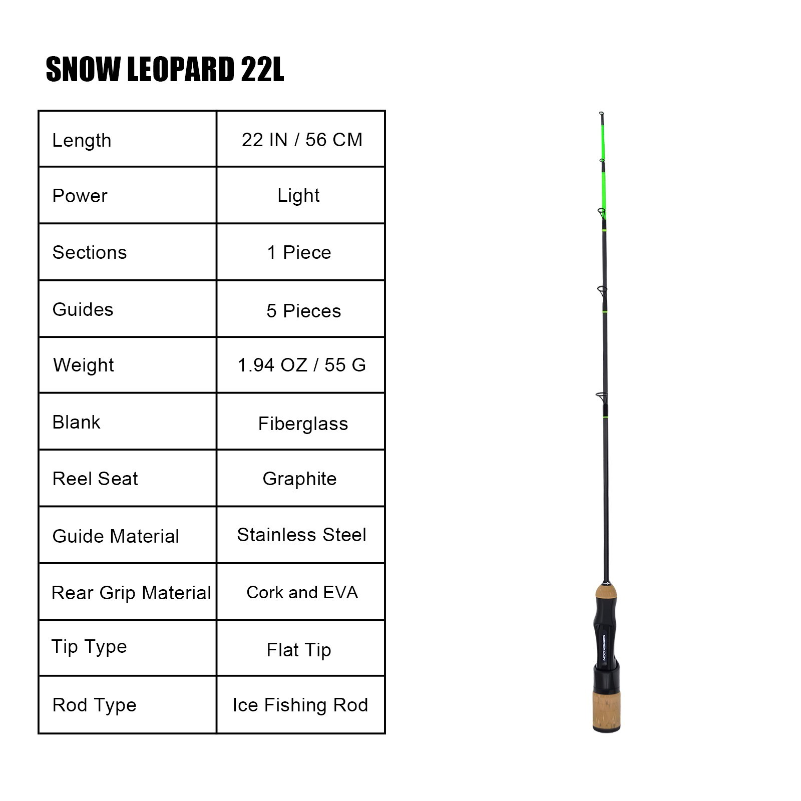 CAMEKOON Snow Leopard 1PC Ice Fishing Rod Fiberglass Blank Flat Tip Construction