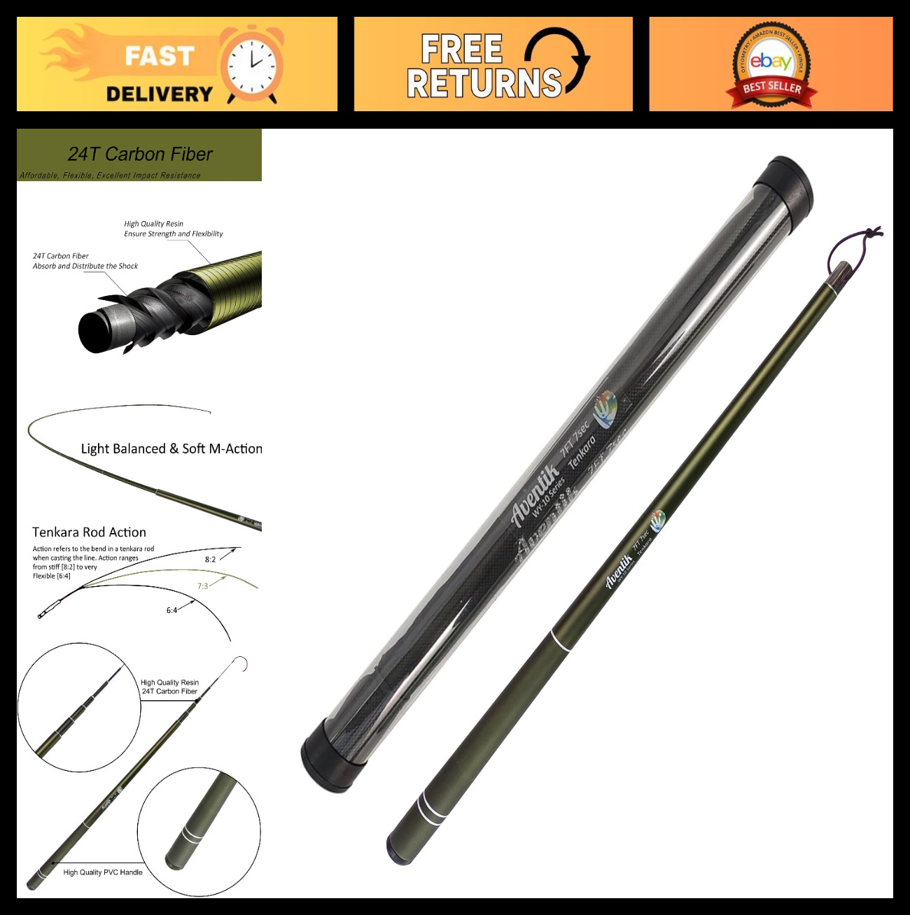 7ft/8ft Tenkara Rod Kit – Lightweight, Durable 24T Carbon Fiber, Easy to Cast, B