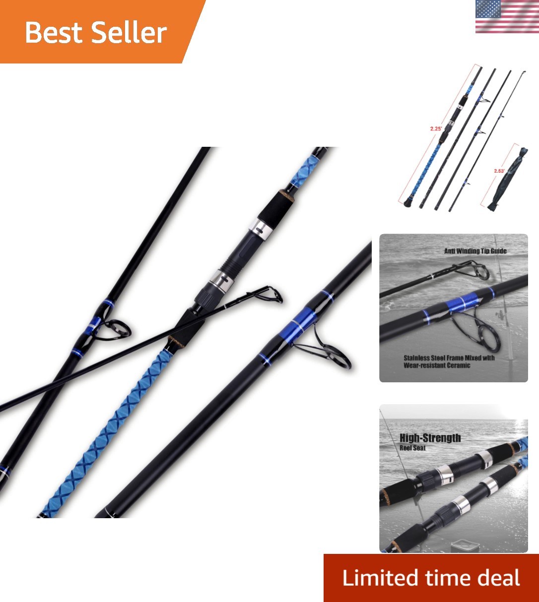 High-Performance 3-Piece Carbon Surf Spinning Rod – Fast Action, 9′-15′