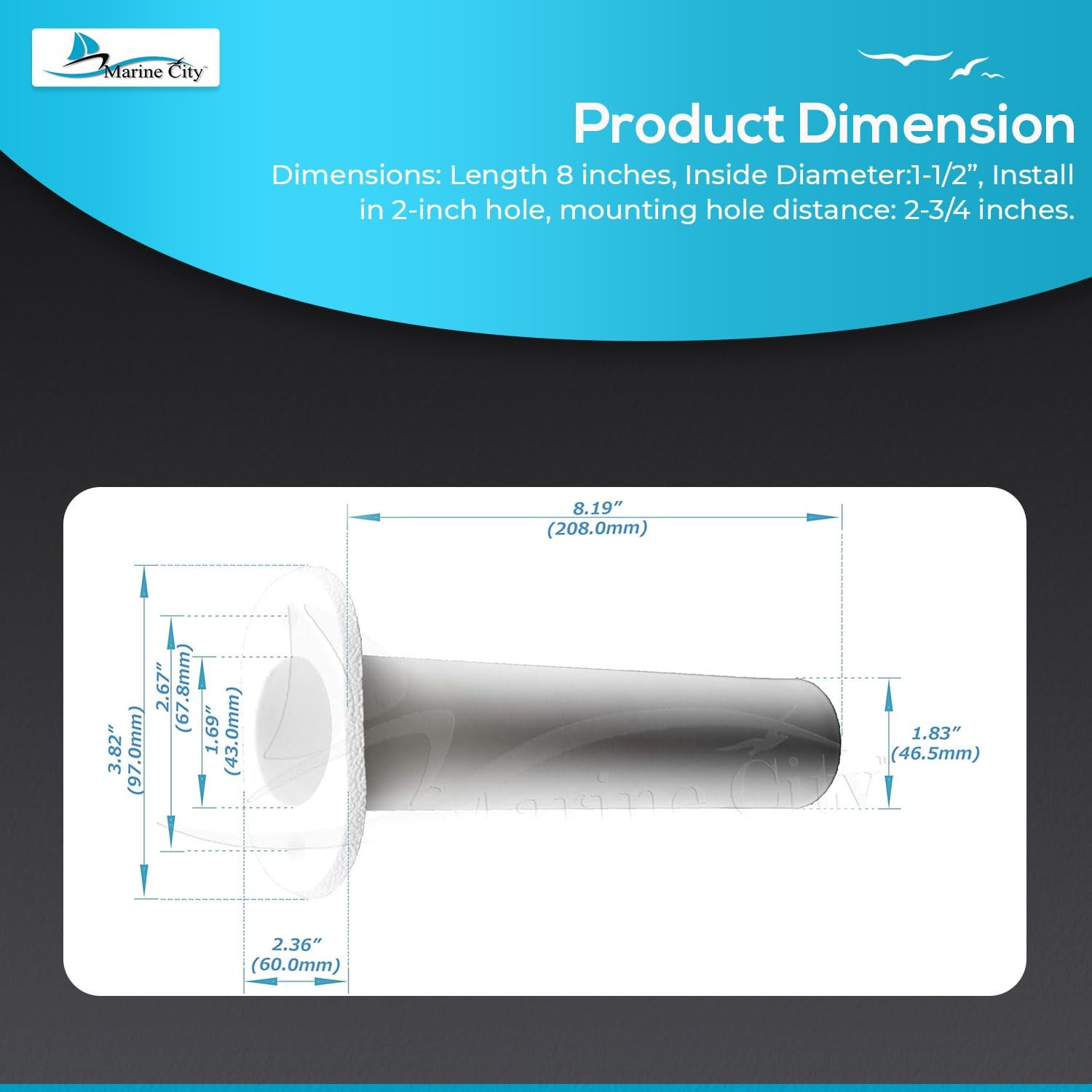 Marine City Flush Mount Fishing Rod Holder 90 Degree White Abs Plastic 8 Inches