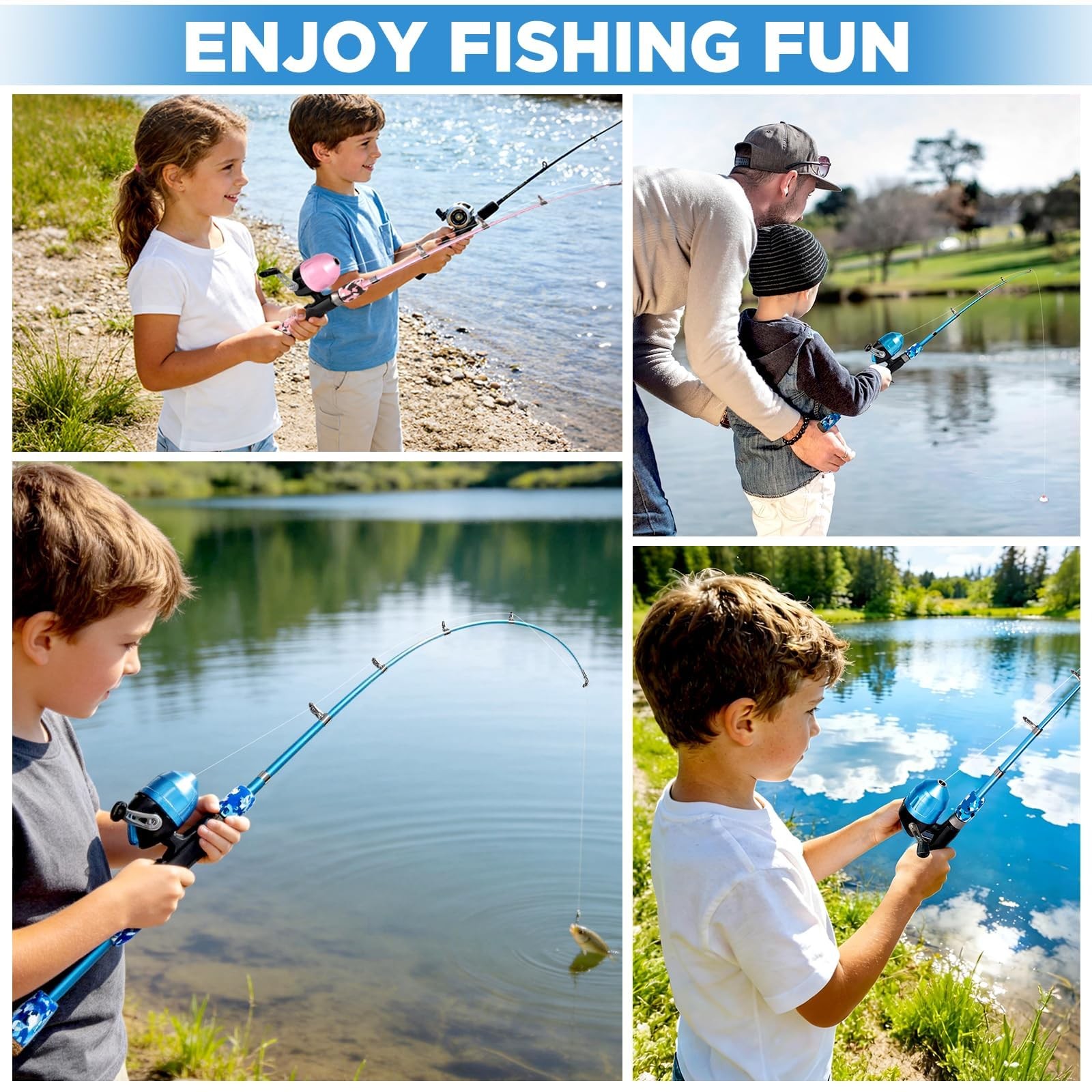 PLUSINNO Kids Fishing Pole with Spincast Reel Telescopic 5FT / 1.5M, Blue