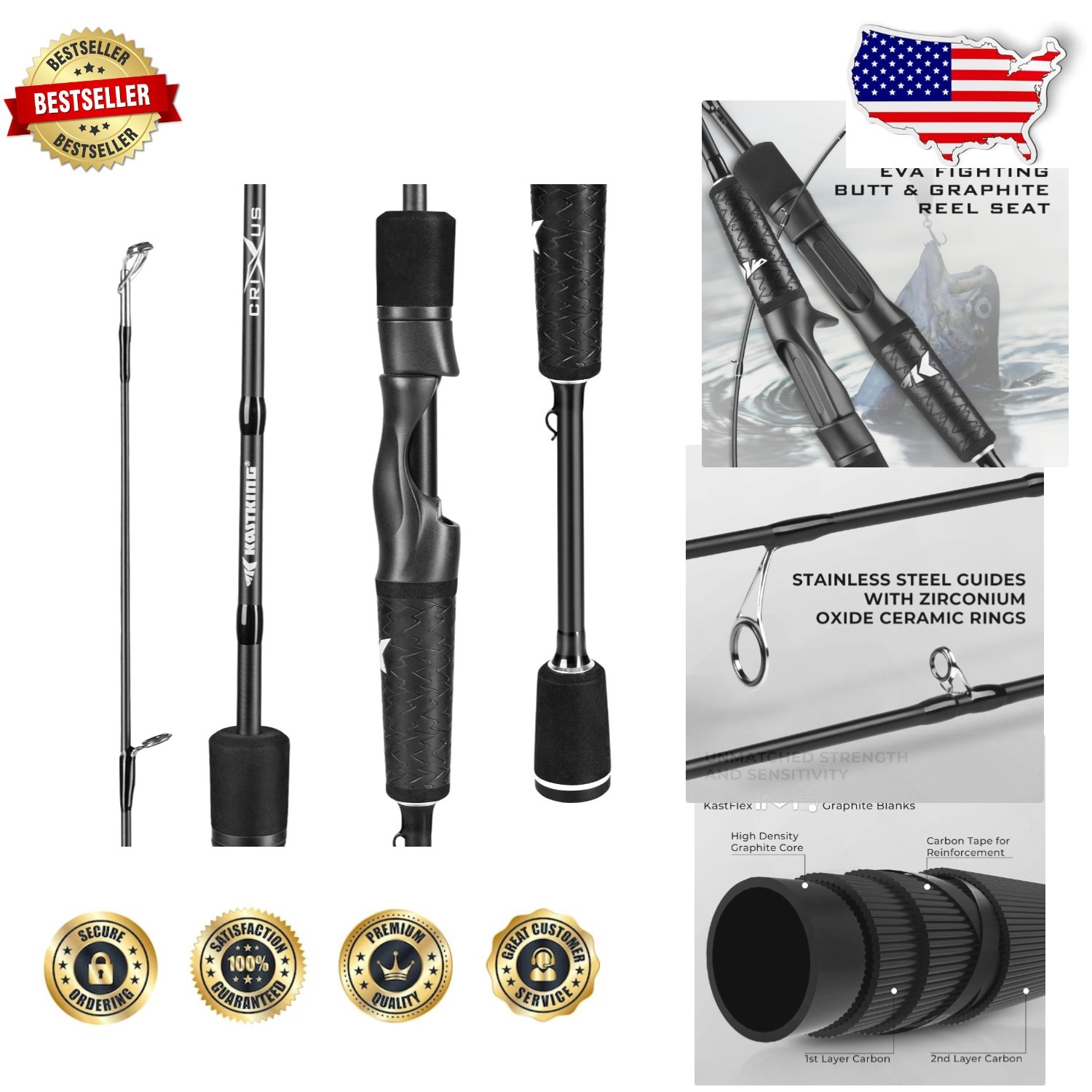Crixus Spinning Casting Rod, 7’6″ Heavy, 2pc, Stainless Steel Guides, Zirconium