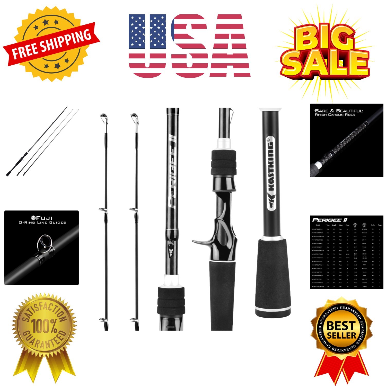 Perigee II Spinning & Casting Fishing Rods, Fuji O-Ring Line Guides, 24 Ton C…