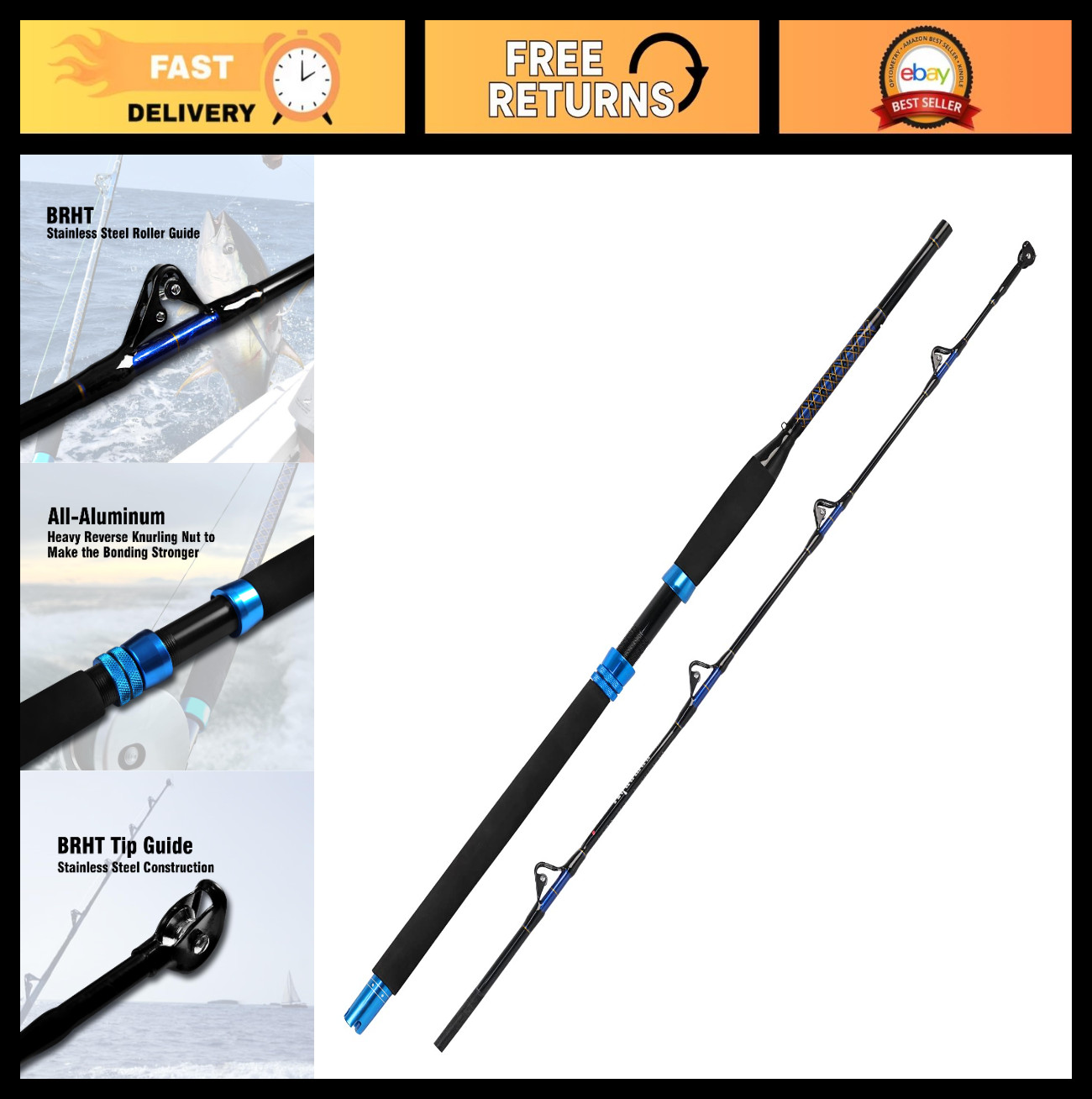 1-Piece Saltwater Trolling Rod – 6ft Carbon Fishing Pole for Offshore Boat – 30-