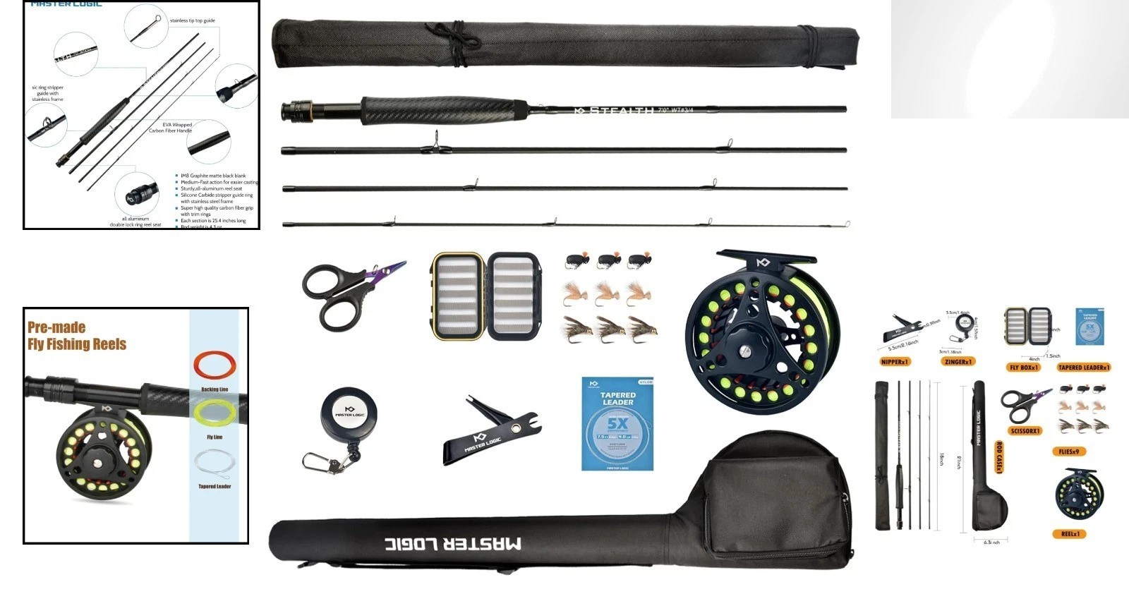 Stealth Fly Fishing Rod Combo Kit, 4-Pc Carbon Fiber Set with Reel & Accessories