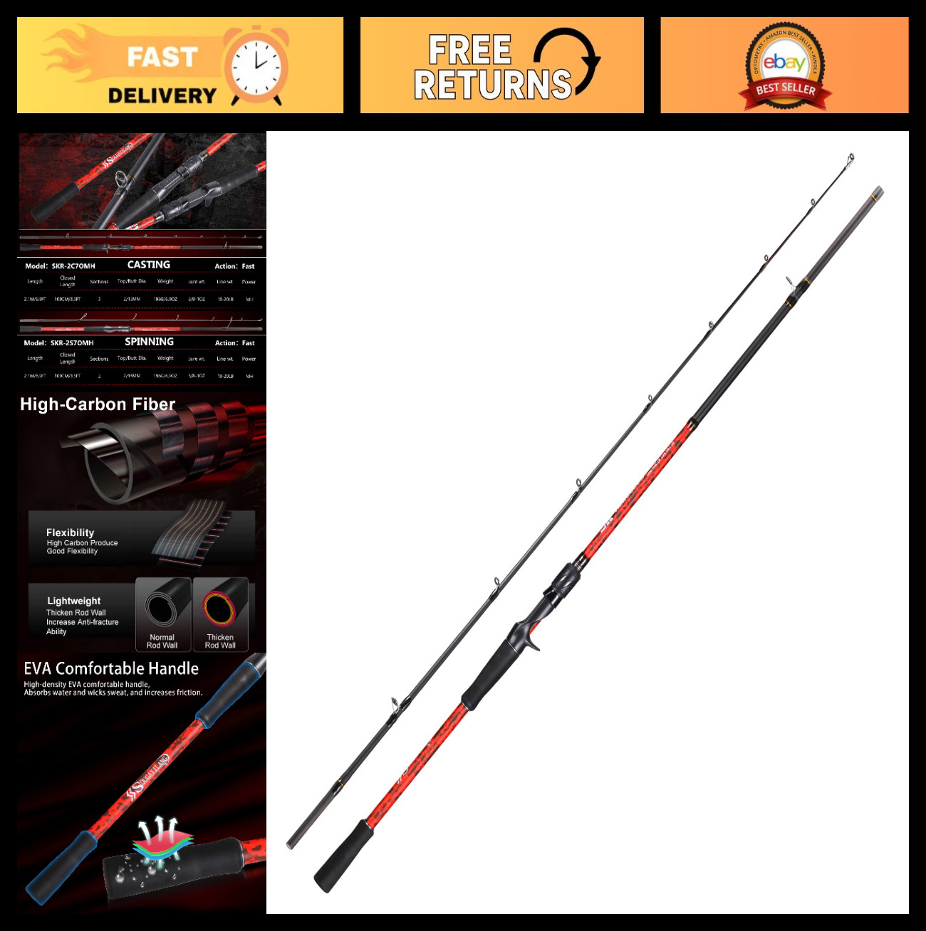 Inshore Saltwater Fishing Rods – 7′ Spinning & Casting Rods, IM7 Carbon, Cork Ha