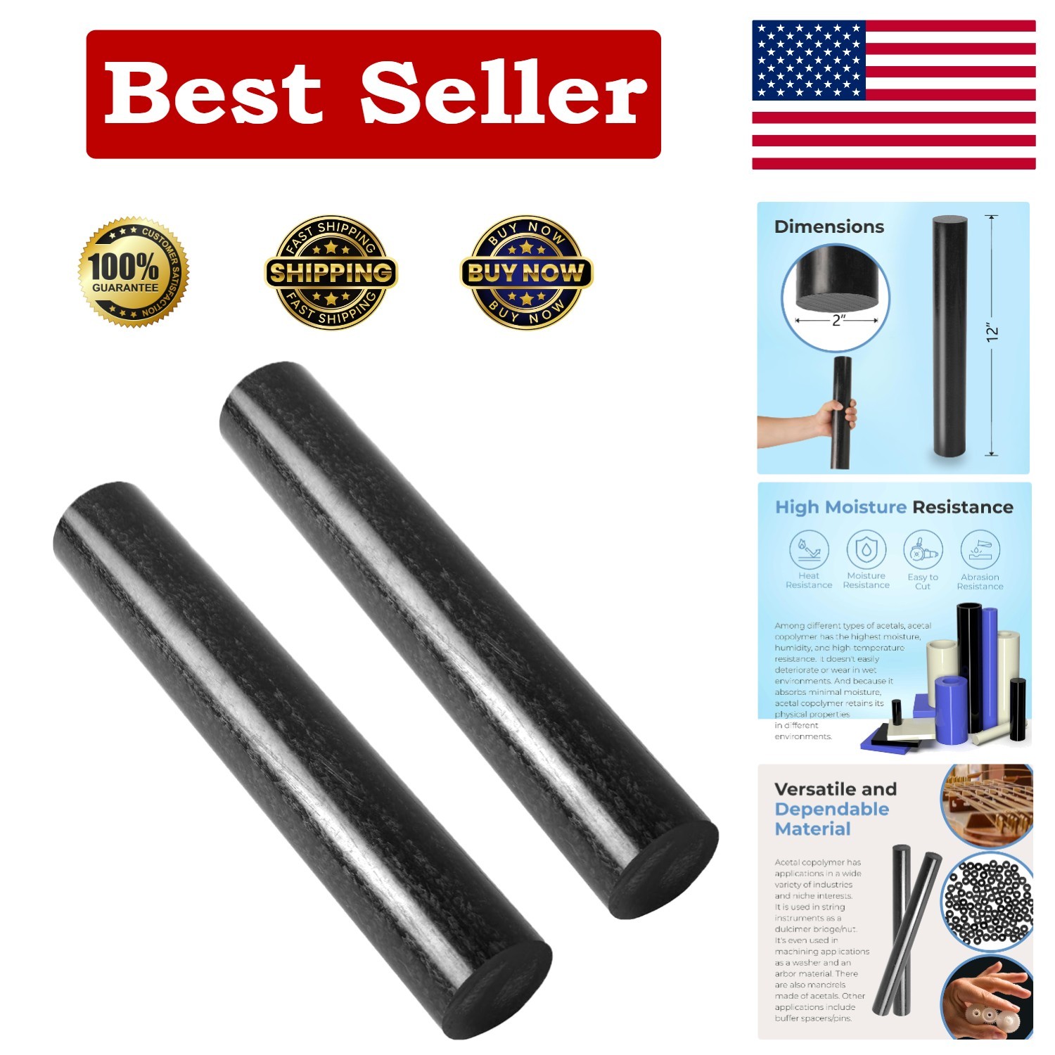 Durable Black Acetal Copolymer Rods – 2 In Diameter, 12 In Length – 2-Pack