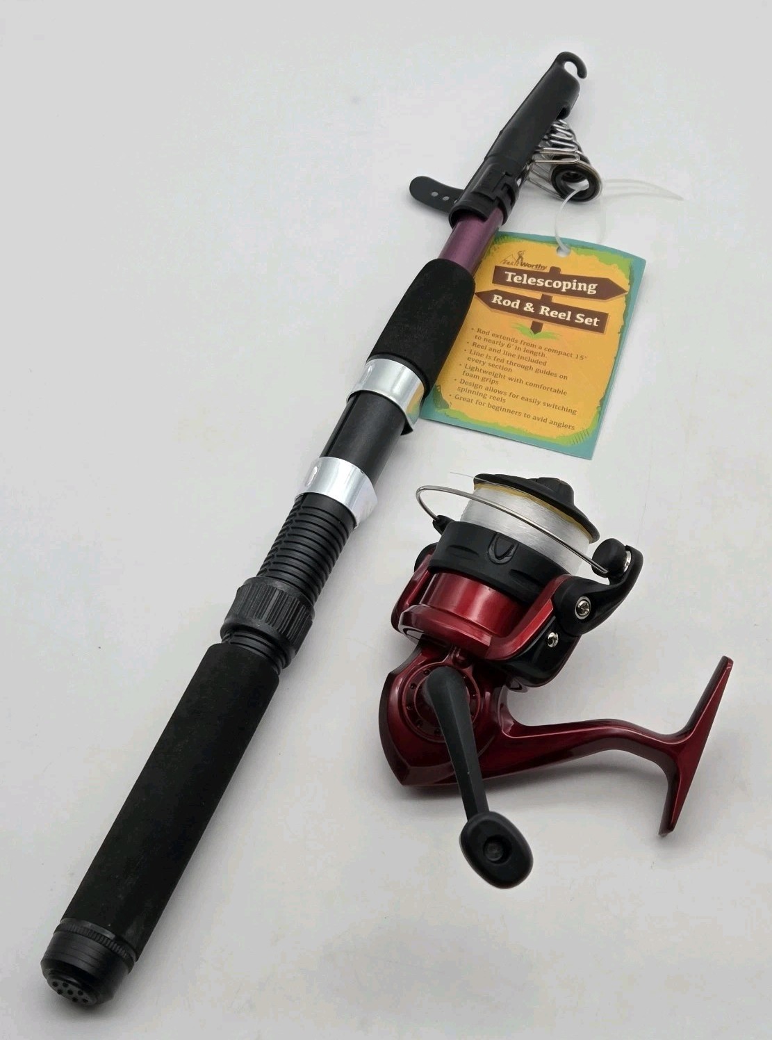 Trail Worthy Telescoping Fishing Rod & Reel Set Extends From 15″ to 6′ Red