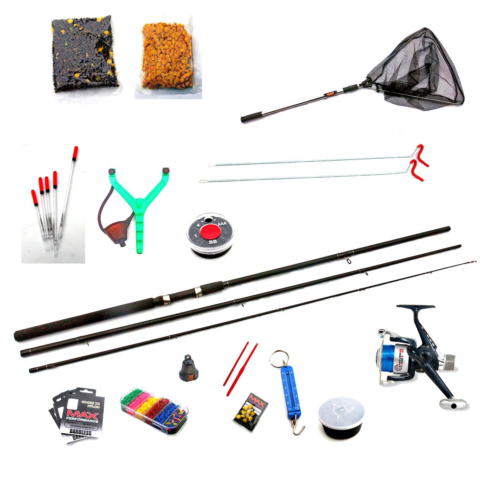 Carbo 8ft Float Fishing Starter Kit Rod,Reel,Line,Rod Rest,Hooks,shot,Bait Net
